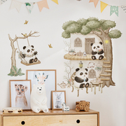卡通可爱熊猫秋千树屋墙贴纸，防水自粘儿童，房间幼儿园教室墙面装饰