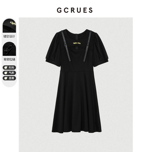 gcrues镂空设计感连衣裙女2024年夏季中长款显瘦气质黑色裙子