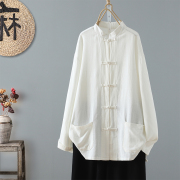 中式棉麻唐装上衣宽松复古练功服民族风太极服上装女白色开衫长袖