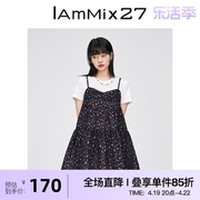 iammix27短袖连衣裙复古碎花，假两件撞色拼接a字裙休闲宽松裙子女