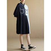 天然出品  假两件不对称拼接衬衫连衣裙藏青浅蓝雪纺中长裙QA5100