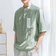 亚麻短袖t恤男2024夏季绿色，立领七分中袖衬衫，宽松棉麻上衣潮