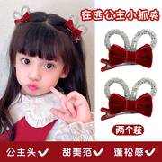 蝴蝶结发夹女童红色立体兔耳朵，发卡头饰宝宝，新年过年发饰儿童对夹
