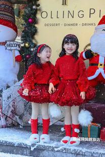 女童秋冬酒红tutu裙上衣毛球球套头毛衣儿童凸凸裙新年圣诞节套装