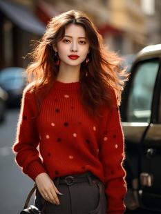 品牌外贸女装今年流行漂亮红色波点毛衣女秋冬针织衫上衣