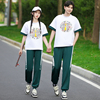 青少年大码男女新中式T恤绿色套装初高中小学生毕业拍照演出班服