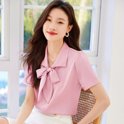 高级感短袖雪纺衬衫，女夏季系带韩版甜美开衫英伦风衬衫上衣潮