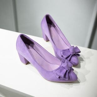 2016春季6cm中跟粗跟小尖头蝴蝶结紫色单鞋粉色，蝴蝶结女鞋子绒面