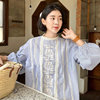 韩国chic春季复古小众立领，拼接蕾丝花边宽松百搭休闲长袖条纹衬衫