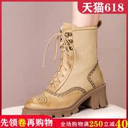 高跟薄款马丁靴女英伦风，真皮厚底复古短靴女布洛克雕花单靴子女