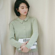 2021秋季小清淑女装韩版通勤纯色，娃娃领开衫，针织衫外套上衣