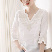 棉质v领衬衫女精致手工重工花型刺绣宽松中长弧形领白色7分袖t恤