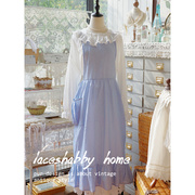 laceshabby法式复古水蓝色，小清新纯棉麻花园，围裙背带裙女