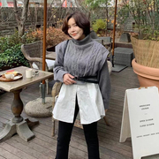 韩国东大门高领麻花针织马甲毛衣女披肩+中长款打底长袖衬衫套装