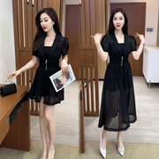时尚气质短袖黑色连衣裙2024夏连衣裙套装洋气法式短款时尚三件套