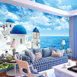 3d海洋宾馆主题墙布酒店，餐厅地中海风格，墙纸山水背景壁纸海景壁画