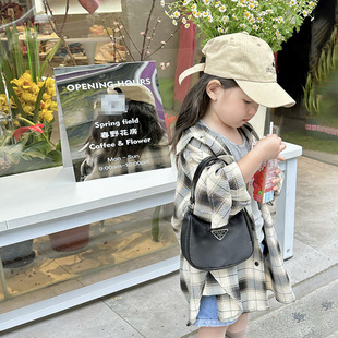 韩版童装儿童黑白格衬衫外套小吊带牛仔短裤休闲百搭时尚套装