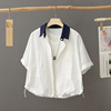 白色法式纯棉短袖衬衫上衣女小个子，薄款设计感小众polo领衬衣外套