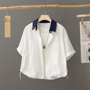 白色法式纯棉短袖衬衫上衣女小个子薄款设计感小众polo领衬衣外套
