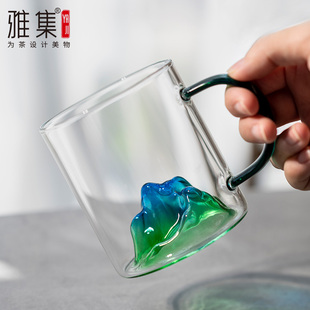 雅集茶具观山杯千里江山杯玻璃杯带把手青绿水杯高硼硅耐热水杯
