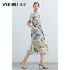Yifini/易菲法式V领短袖衬衫女夏装印花茶歇裙气质连衣裙