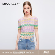 misssixty2023夏季针织衫，女套头拼色波纹，修身镂空短款上衣