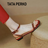 TATA PERKO联名女鞋法式铆钉一字带露趾红色平底凉鞋女夏季罗马鞋