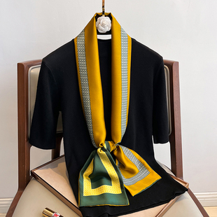 黄色小长条方巾窄丝巾，女春秋冬季职业装，搭配衬衫西装围脖子薄围巾