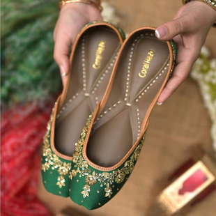 古绿I 绿色缎面细腻钉珠小家碧玉风格印度手工鞋Coralhaze合作款
