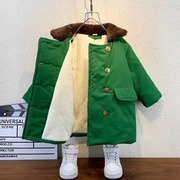 儿童军棉大衣加棉加厚中长款男童外套东北军绿棉衣，加绒冬季宝宝??