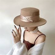 帽子法式复古羊毛呢礼帽女秋冬驼色珍珠英伦平顶气质优雅百搭潮帽