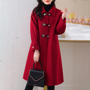 高级感显瘦羊毛呢大衣女，秋冬气质加厚中长款温柔红色呢子外套