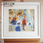 凉风dmc线十字绣，客厅挂画dw2154油画猫，与向日葵满绣印花