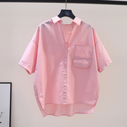 粉红色设计感口袋棉衬衫女文艺范宽松短袖衬衣2023夏季百搭上衣潮