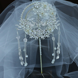新娘结婚秀禾服团扇新中式双面成品，遮面白月光(白月光)成品，白蕾丝(白蕾丝)喜扇团扇