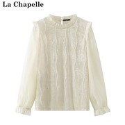 拉夏贝尔/La Chapelle春2024款小香风蕾丝拼接衬衫高级感气质上衣
