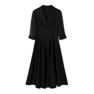 法拉鸣哥玛系列高腰中袖小黑裙优雅乔其纱拼接黑色西装连衣裙