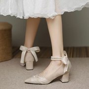法式粗跟单鞋女伴娘日常可穿白色中跟婚鞋新娘高跟鞋主婚纱不累脚