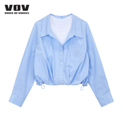 经典款vov2024夏季简约蓝色假两件休闲衬衫61141600041