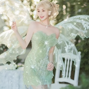 2024精灵礼服写真拍照蕾丝抹胸短款韩版绿色超仙明星同款婚纱