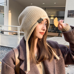 冬季帽子女韩版保暖护耳毛线帽，冬天加绒百搭时尚针织包头堆堆帽潮