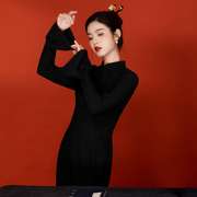 年会旗袍2023年女秋季中国风荷叶长袖，黑色日常改良长款连衣裙