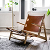 北欧实木休闲单人马鞍皮沙发椅，狩猎椅子设计师，侘寂风家具躺椅
