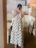 韩国chic夏季法式复古方领撞色波点设计宽松休闲泡泡袖连衣裙女