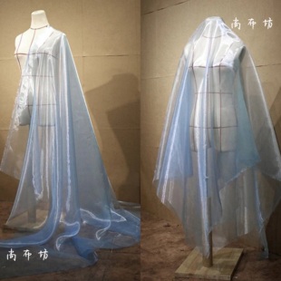 浅灰蓝水晶纱 闪光水光透明硬挺刺绣设计师面料 汉服礼服道具布料