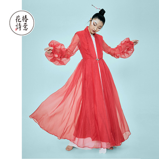 花椿诗意原创设计师夏红色(夏红色，)轻薄高级真丝灯笼，袖泡泡袖连衣裙年轻款