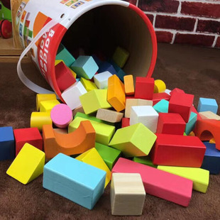 木质儿童积木大颗拼装宝宝，玩具早教益智启蒙思维桶装叠叠高100粒