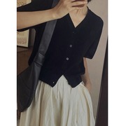 黑色冰丝短袖t恤女夏季开衫薄款针织衫短款体恤设计感小众V领上衣