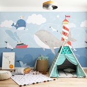 北欧简约淡蓝色儿童房墙纸卡通动物鲸鱼壁纸男女孩房卧室条纹壁布