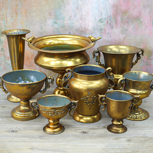 金色古典花器花翁复古欧式铁艺，花盆客厅摆件插花高级感银色花瓶